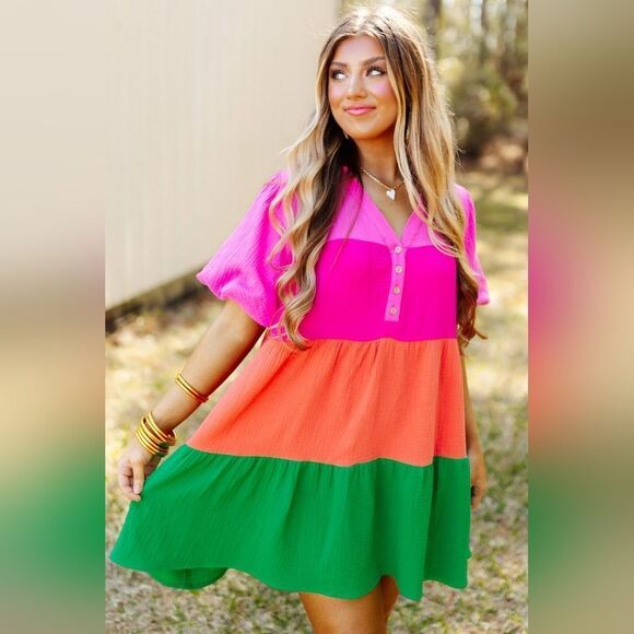 Color Block Puff Sleeve Mini Flare Dress - Picture 1 of 5